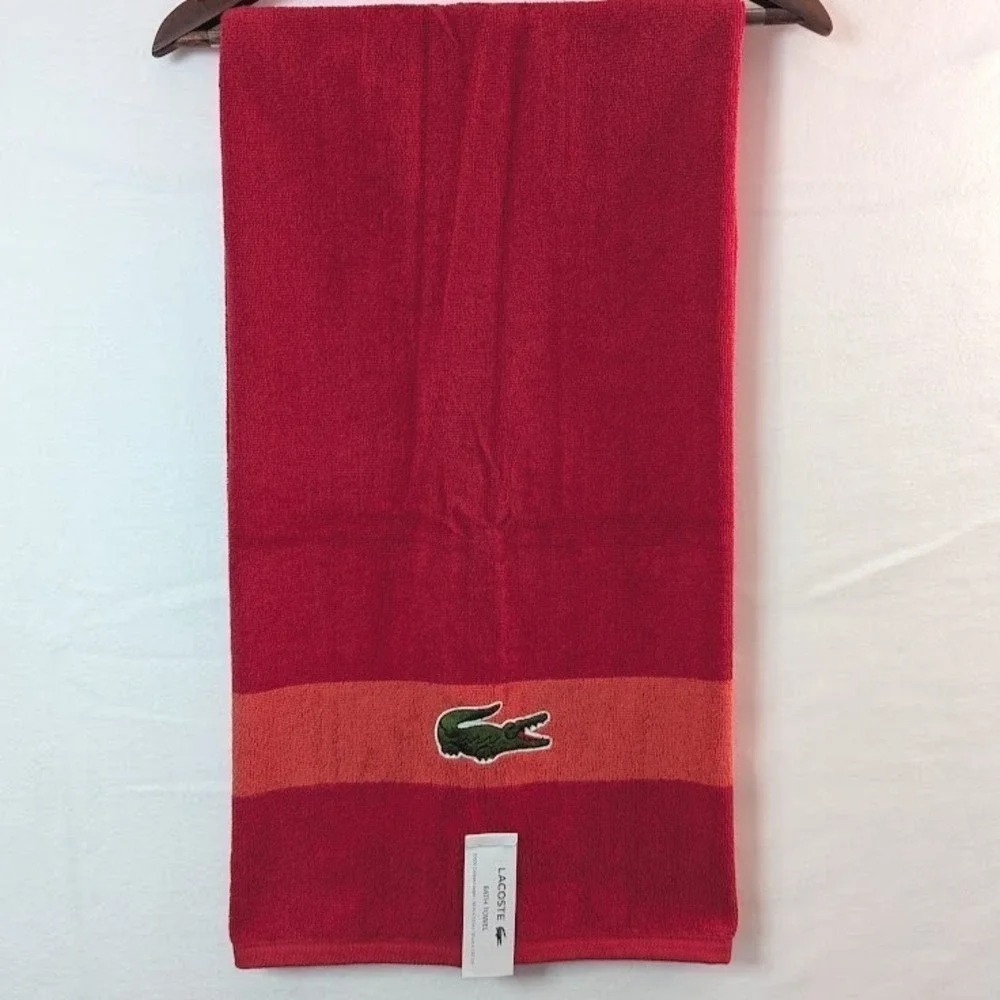 Lacoste Bath Towel Red 30x52 Large Crocodile Logo 100% Cotton w/ Hanging Loop